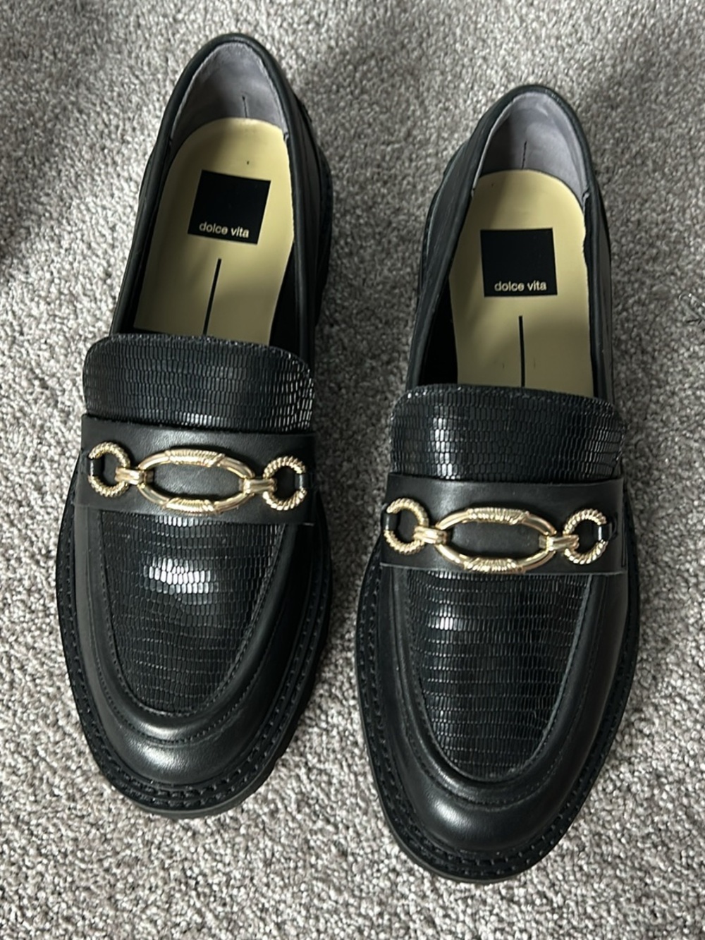 Dolce Vita Women’s Black Leather Loafers with Gold Chain Accent